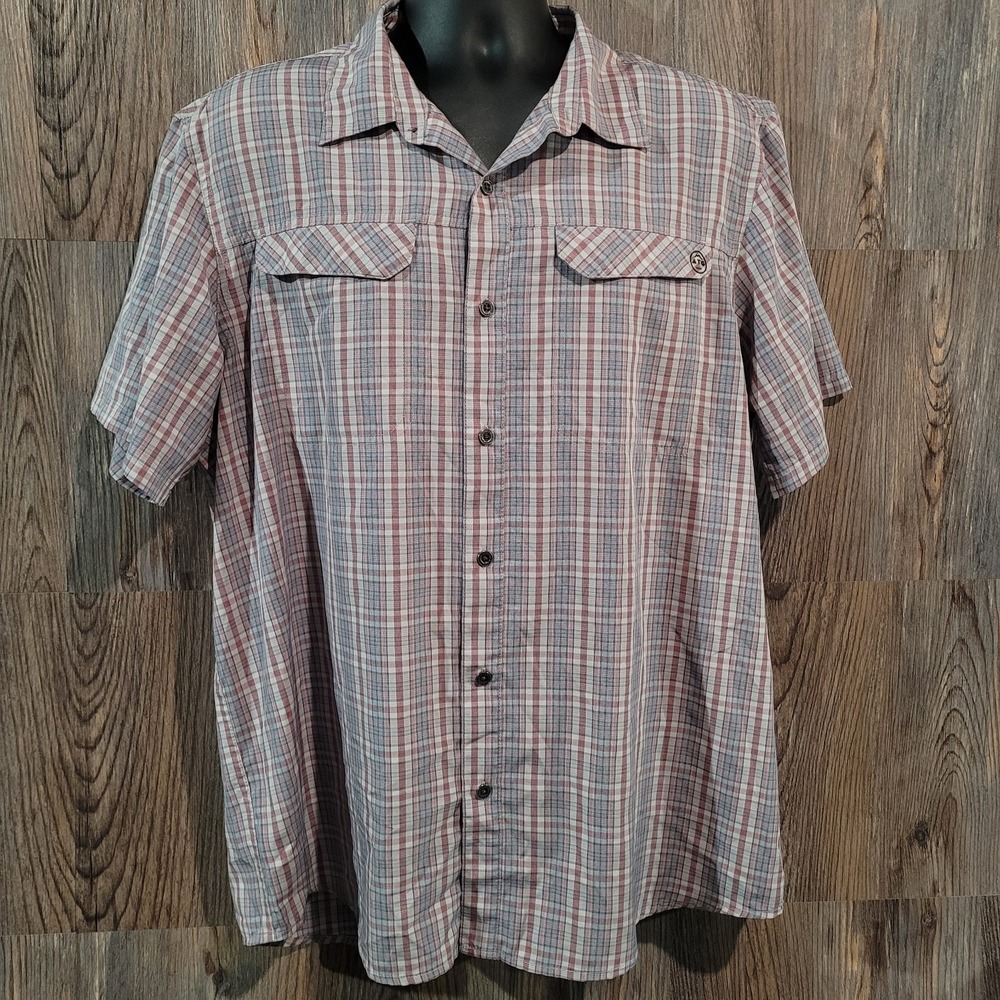 ATG x Wrangler Short Slv Hiking Shirt XL Regular Fit Muted Gray/Red Plaid Pocket